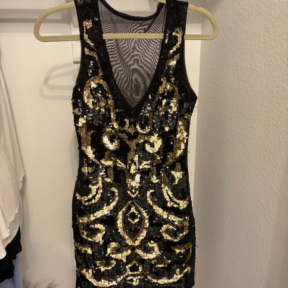Bebe Black & Gold Sequin Dress